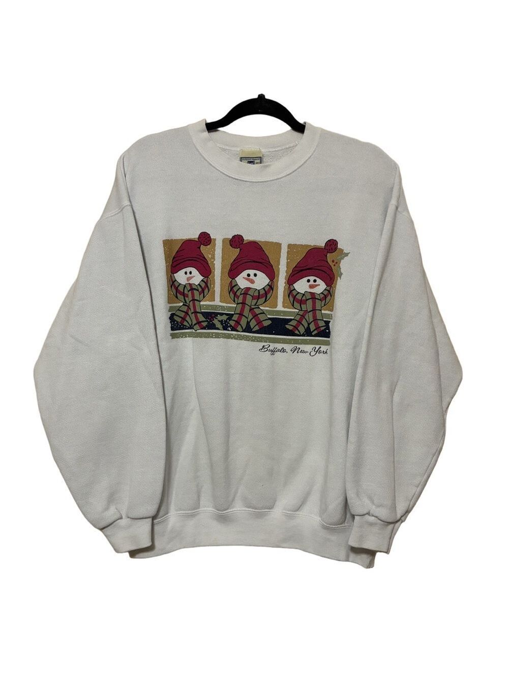 Vintage Lee Buffalo NY Snowman Sweater Unisex L White Long Sleeve Heavyweight